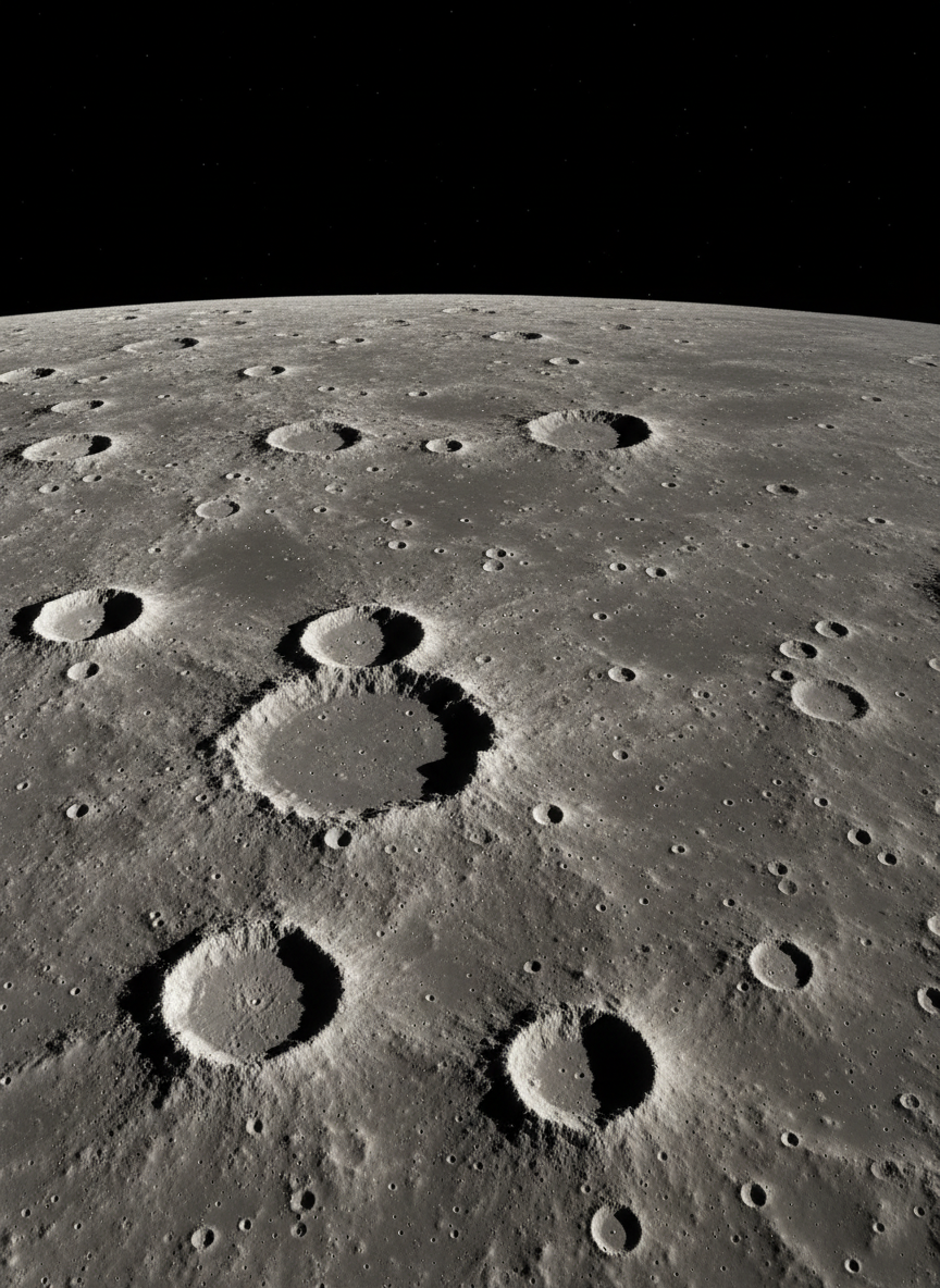 A realistic, close-up photographic view of the Moon’s surface seen from lunar orbit, showing rugged craters, sharp ridges, and smooth maria in intricate detail. The regolith appears dusty and gray with subtle texture variations, highlighted by strong, raking sunlight from the side that casts long, dramatic shadows inside the craters. In the distance, the blackness of space is pure and uncluttered, with a few faint stars barely visible. The composition uses the rule of thirds with the lunar horizon gently curving across the frame, creating a serene yet scientific atmosphere, perfectly suited to an astronomy article about the Moon’s geology.