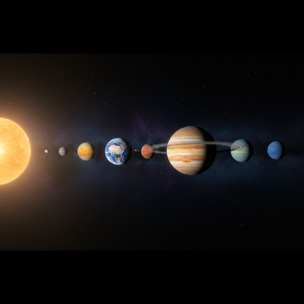 A wide, photographic realism image of the Solar System viewed slightly from above the ecliptic plane, with the Sun glowing warmly on the left and all eight planets spaced accurately in order toward the right. Each planet shows realistic colors and textures: Earth’s blue oceans and white clouds, Jupiter’s swirling bands, Saturn’s sharp, pale rings. The background is a clean, dark starfield with subtle nebula haze, not distracting. Soft, studio-like lighting enhances clarity while preserving the natural glow of the Sun. The mood is educational and orderly, with a balanced, horizontal composition ideal for explaining basic solar system structure on a professional space blog.