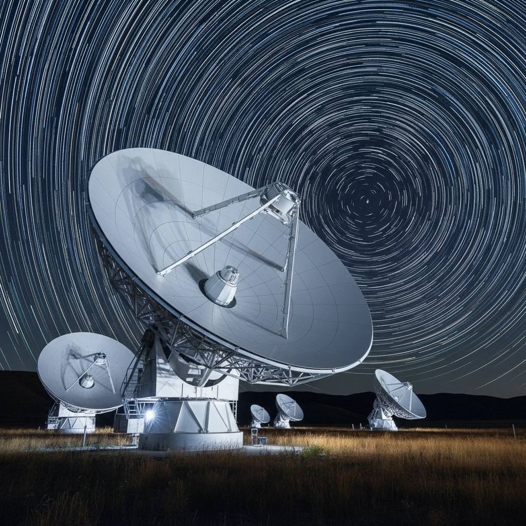 A long-exposure, photographic image of a professional ground-based radio telescope array at night, featuring several large parabolic dishes made of white metal mesh, tilted toward the sky. The dishes rest on sturdy, industrial bases surrounded by dry grass and low, dark hills. Above them, the sky is filled with smooth arcs of star trails created by the Earth’s rotation, in tones of white and faint blue. Cool, dim security lights along the ground cast gentle highlights on the dish edges, emphasizing their geometry. Shot from a low angle with one dominant dish in the foreground and others receding into the distance, the mood is contemplative and high-tech, suitable for articles on observational astronomy.