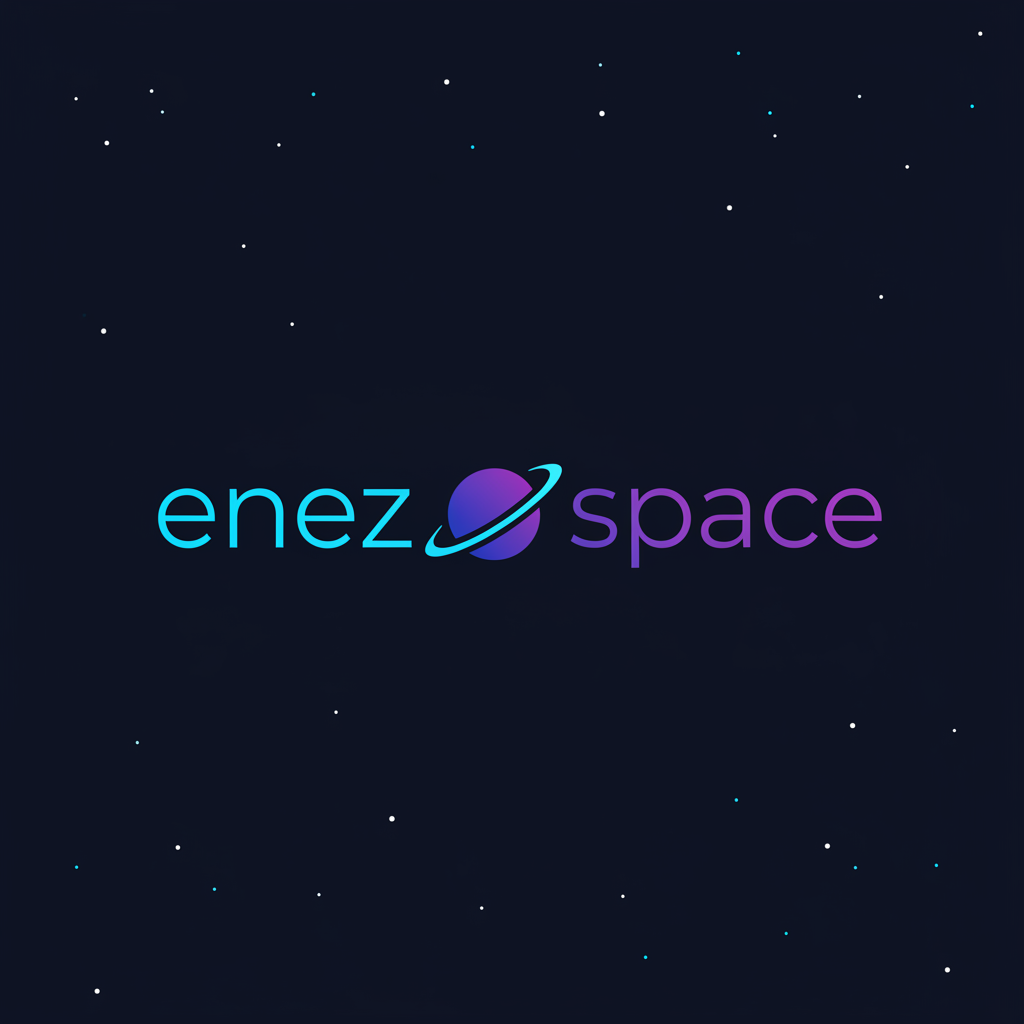 Minimalist, modern space-themed logo for a blog named "enez space". Clean sans-serif wordmark reading "enez space" in lowercase, with a small planet or orbit icon integrated into the lettering. Dark background with subtle stars, and a single bright accent color (neon blue or purple). Flat vector style.
