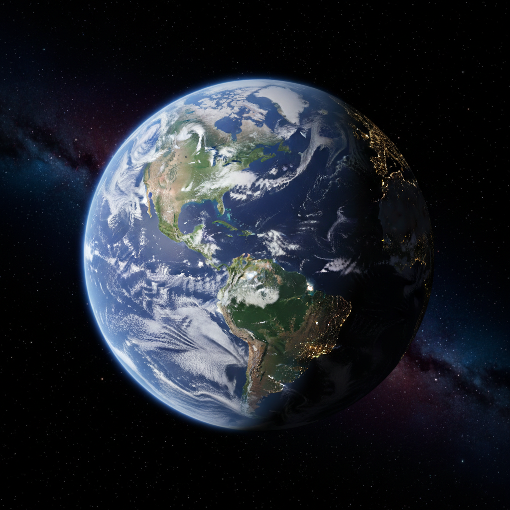 A sleek, photorealistic close-up of a detailed Earth model floating in space, showing crisp continents, swirling white cloud systems, and deep blue oceans with subtle texture. The planet is positioned slightly off-center against a dark star field with faint nebulae, providing a calm, uncluttered backdrop. Sunlight enters from the left, casting a bright, natural highlight on the Earth’s limb and a gentle gradient into the night side, where city lights are visible as tiny, precise clusters. Captured at eye level with a moderate depth of field so the Earth is razor sharp while the stars remain slightly softened, the image conveys a professional, informative atmosphere suitable for clear, accessible space news.