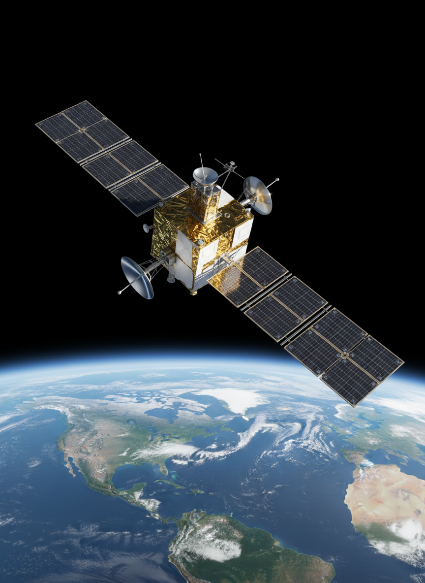 A photorealistic scene of a modern satellite in low Earth orbit, featuring intricate solar panels with visible cell grids, metallic antenna arrays, and detailed thermal insulation textures in gold and white. The satellite glides above a sharply rendered Earth, where coastlines, cloud formations, and the thin blue atmospheric layer are clearly visible. Harsh, direct sunlight from the upper right creates pronounced highlights on the metal surfaces and crisp, technical shadows, emphasizing engineering detail. Shot from a three-quarter angle, the satellite occupies the foreground with the planet sweeping beneath, creating depth and dynamism. The composition is clean and balanced, with a professional, high-tech mood ideal for explaining current space technology in a straightforward, understandable way.