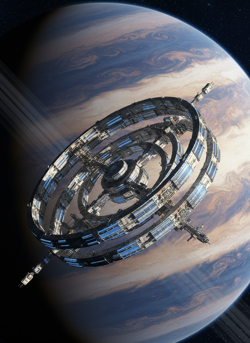 A highly detailed, photorealistic depiction of a futuristic but plausible space station orbiting a gas giant with swirling, banded clouds. The station features ring-shaped habitation modules, articulated trusses, rotating sections, and blue-glowing radiators, all rendered with realistic metallic and composite textures. It floats above the giant planet’s soft, turbulent atmosphere, with a thin ring system cutting diagonally across the background. Strong, directional sunlight from the right creates dramatic highlights along the station’s structure and gentle reflections on its surfaces, while the planet provides a softly glowing backdrop. Captured from a cinematic three-quarter angle with a wide lens, the composition is dynamic yet clean, conveying a visionary but scientifically respectful mood suitable for discussing future space habitats.