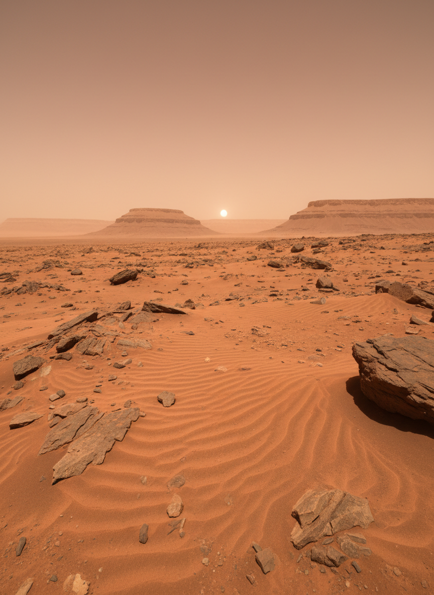 A wide, photorealistic view of Mars’ surface captured from just above ground level, showing finely textured reddish dust, scattered rocks with varied sizes and sharp edges, and distant layered hills fading into a hazy horizon. The thin atmosphere renders the sky a muted, salmon color with a faint sun low on the horizon, casting long, soft shadows that reveal the contours of the terrain. The lighting is diffused and slightly dusty, creating a calm, analytical atmosphere. The composition uses leading lines formed by rock formations guiding the viewer’s eye toward the distant hills. Focus is crisp across the scene, emphasizing geological detail for an educational, professional visual suited to explaining Martian exploration and science in clear terms.