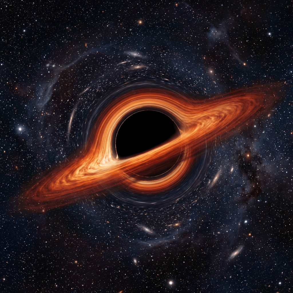 Black hole with a glowing orange accretion disk surrounded by stars and galaxies.